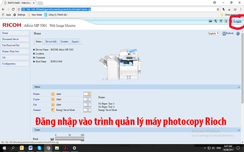 Đăng nhập vào trình quản lý của máy photocopy Ricoh